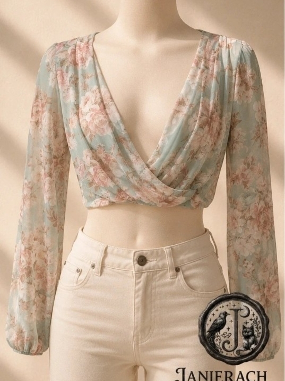 Windsor Floral Wrap Crop Top in Mint Green and Blush